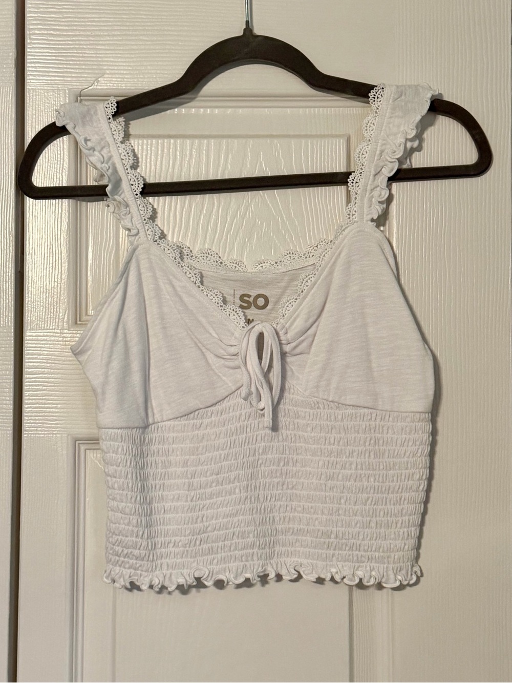 SO White Lace-Trim Smocked Crop Tank